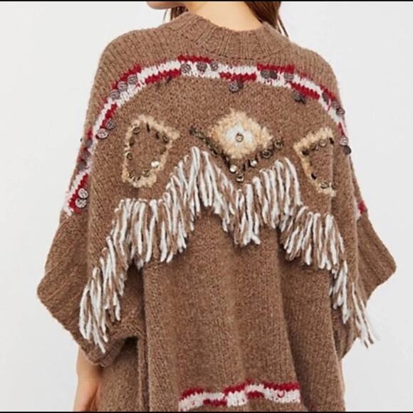 Free People Brown Fringe Oversized Poncho Sweater XS - Picture 11 of 16